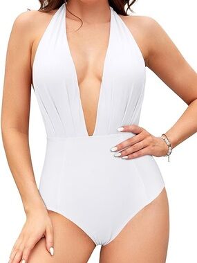 MATTE COLLECTION Deep V Halter One-Piece Swimsuit - White